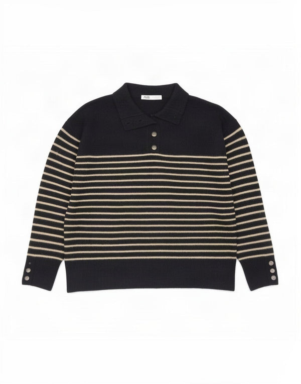Zara Womens Button Neck Jumper Sweater UK 16 Large Navy Blue Striped