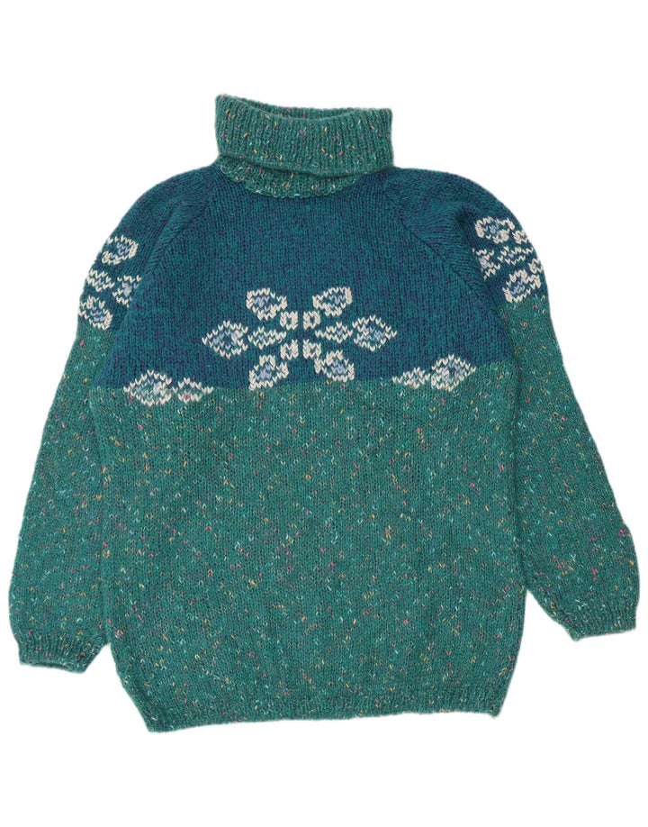 VINTAGE Dame grafisk rullehals sweater UK 18 XL Turkis Flecked