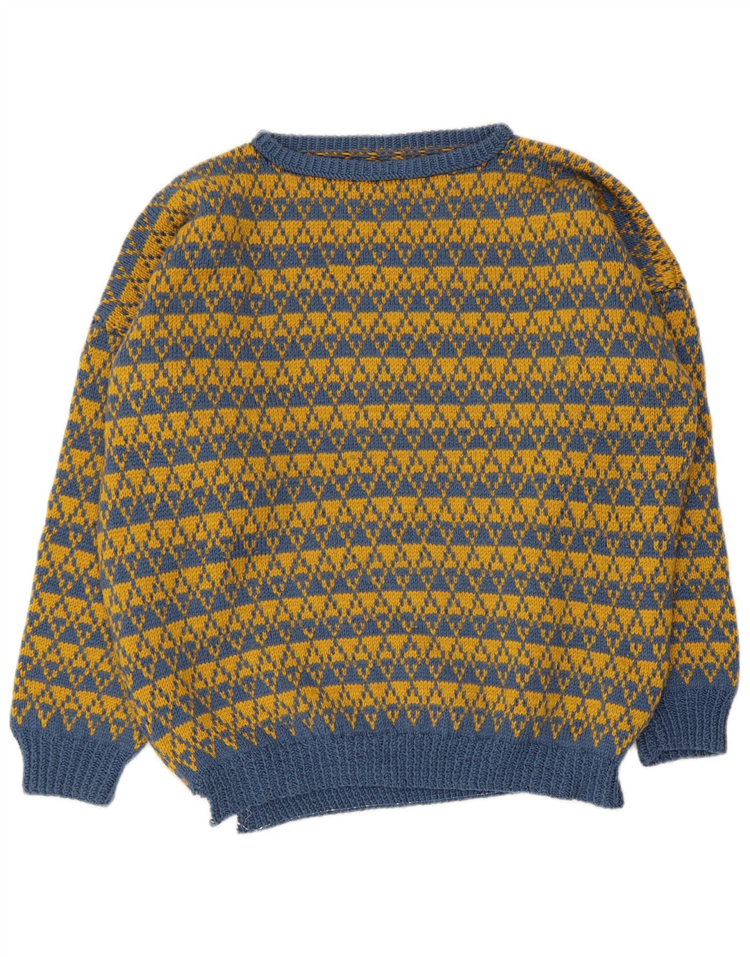 Vintage Herre Boat Neck Jumper Sweater Stor Blå Geometrisk