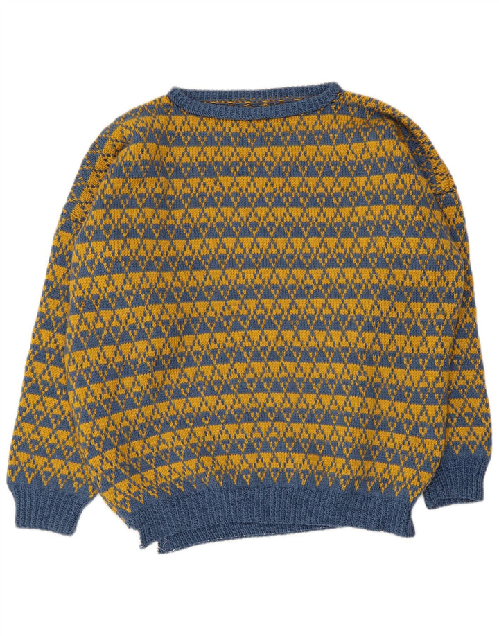 Vintage Herre Boat Neck Jumper Sweater Stor Blå Geometrisk