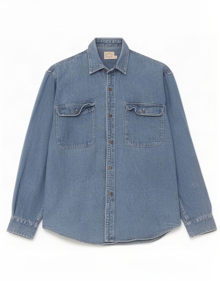 Vintage denimskjorte med normal pasform til mænd, lille blå bomuld