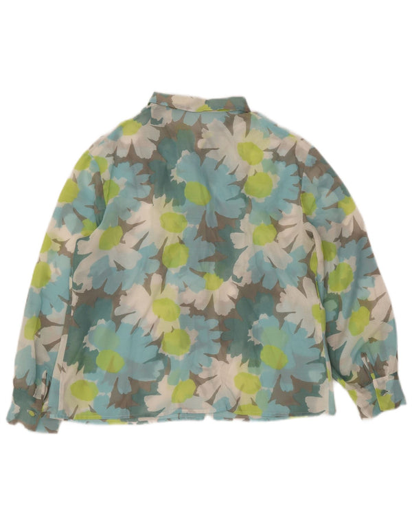 VINTAGE skjortebluse med 3/4 ærmer til kvinder UK 14 Stor flerfarvet blomster