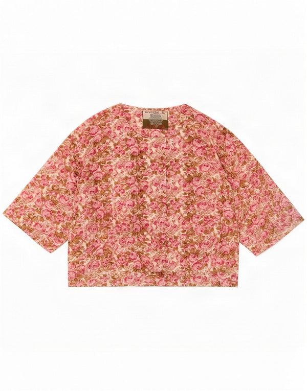 Vintage Womens Crop kortærmet skjortebluse UK 14 Medium Pink Floral
