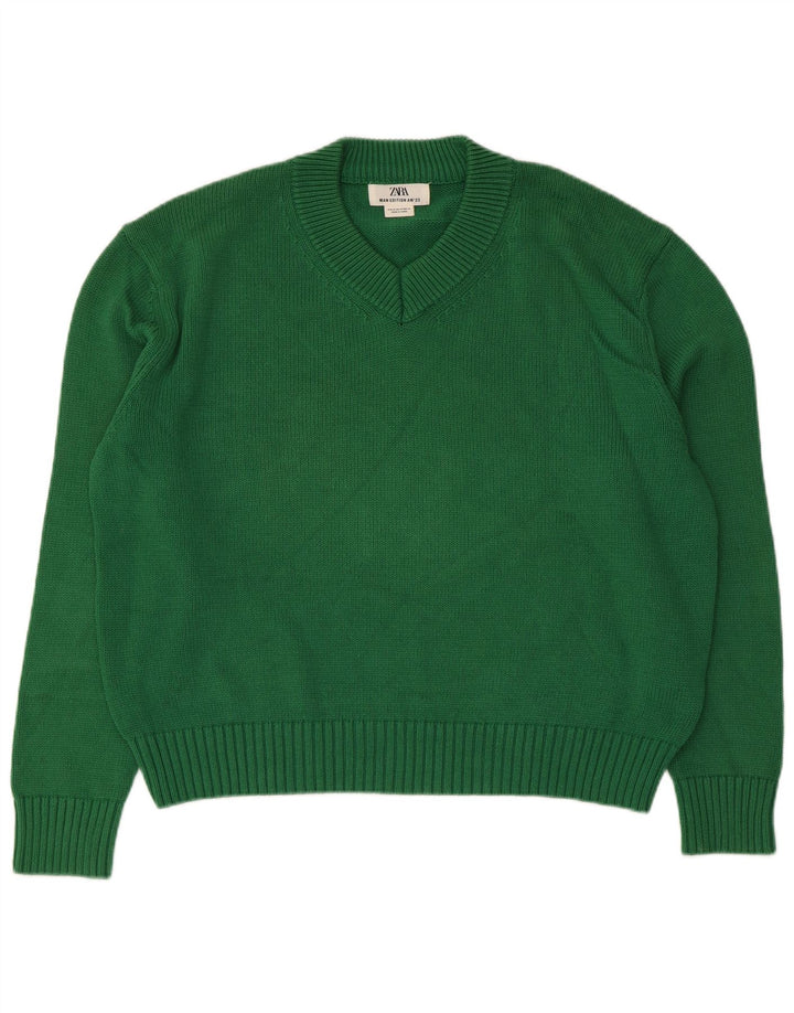 Zara Dame Oversized V-hals sweater UK 14 Medium Grøn Bomuld
