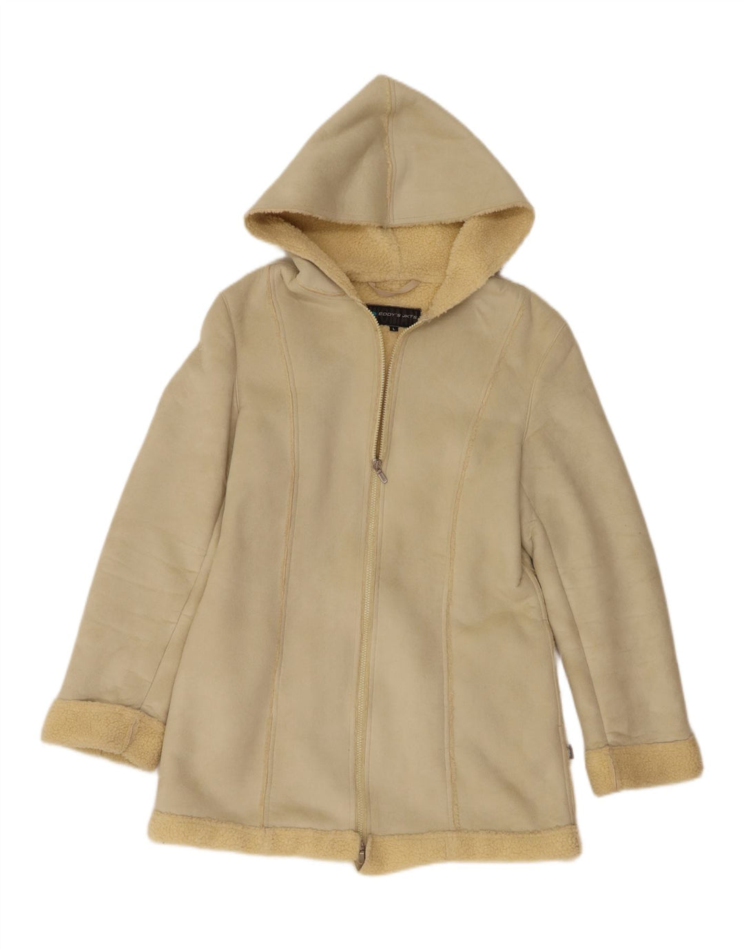 Vintage Sherpajakke med hætte til kvinder UK 14 Stor beige polyester