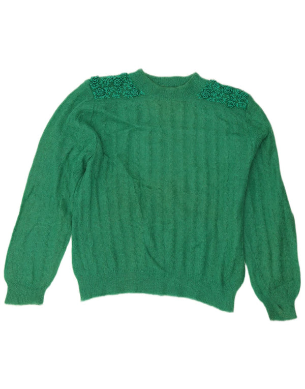 Vintage Dame Crew Neck Jumper Sweater UK 14 Large Green Floral