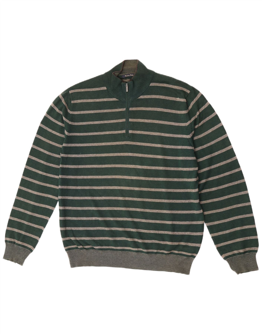 Massimo Dutti Herre Zip Neck Jumper Sweater Stor Grøn Stribet Bomuld