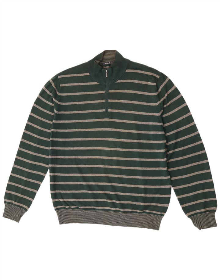 Massimo Dutti Herre Zip Neck Jumper Sweater Stor Grøn Stribet Bomuld