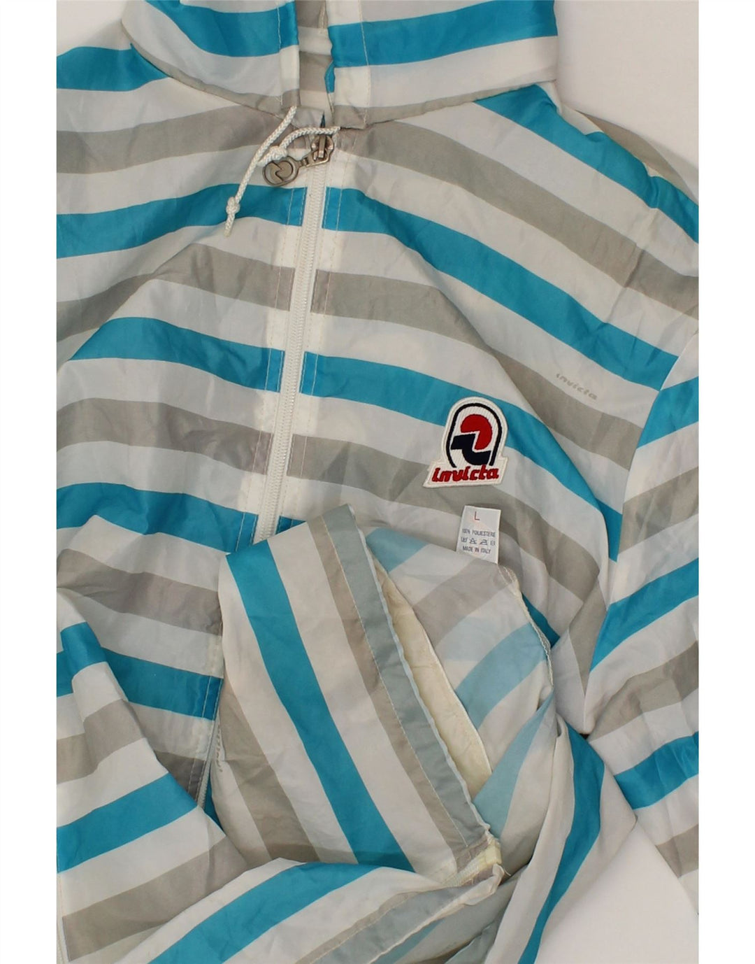 INVICTA Mens Hooded Rain Jacket UK 40 Large Blue Striped Polyester Vintage Invicta and Second-Hand Invicta from Messina Hembry 