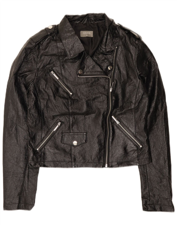 Oasis Womens Crop Biker-jakke i imiteret læder UK 12 Medium Sort polyurethan
