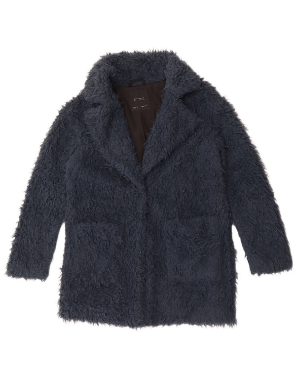 Zara Dame Loose Fit Overfrakke i imiteret pels UK 10 Small Blue Polyester