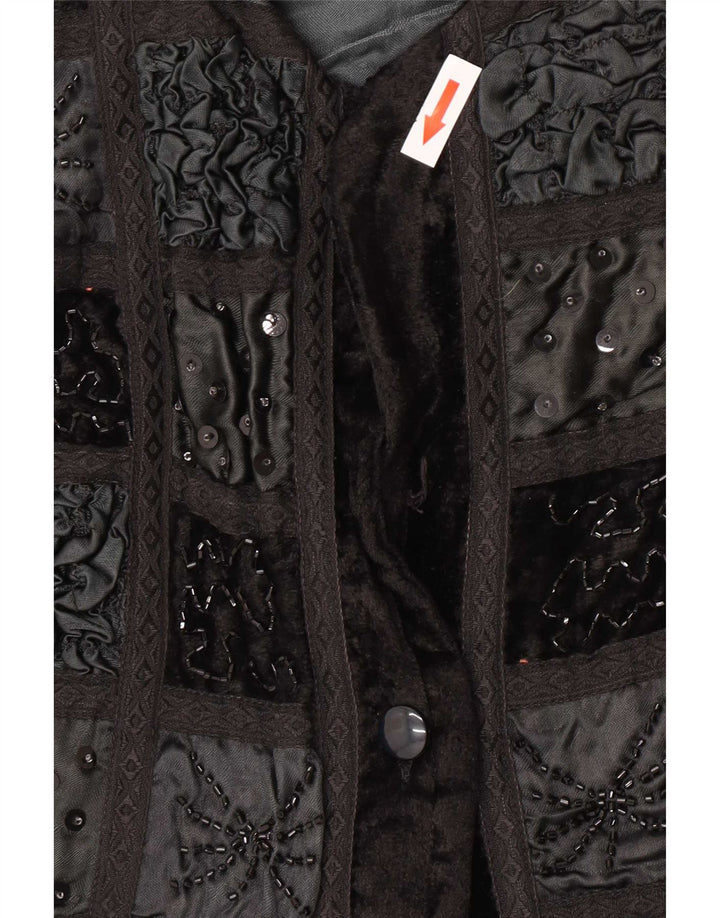 Vintage Kvinder Velvet Bolero Jacket UK 12 Medium Black Patchwork