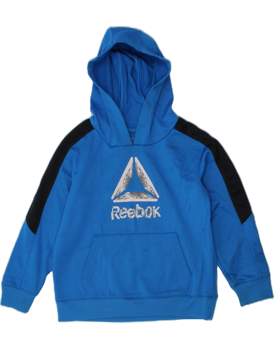 REEBOK Boys Graphic Hoodie Jumper 4-5 Years Blue Colourblock Polyester Vintage Reebok and Second-Hand Reebok from Messina Hembry 