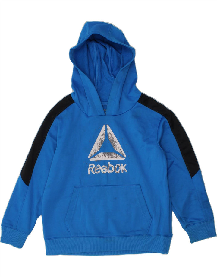 REEBOK Boys Graphic Hoodie Jumper 4-5 Years Blue Colourblock Polyester Vintage Reebok and Second-Hand Reebok from Messina Hembry 