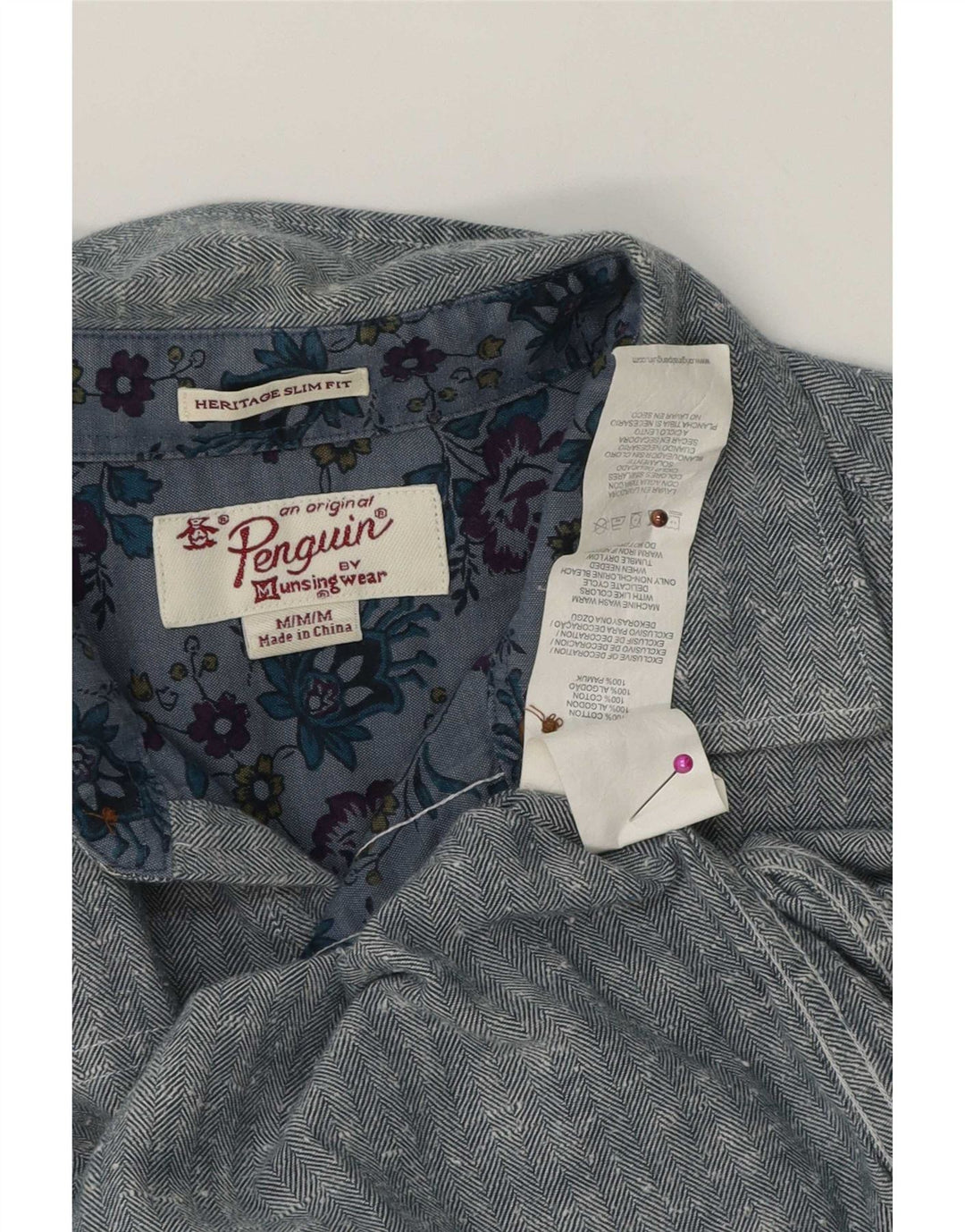 Penguin Heritage Slim Fit skjorte mellemblå sildebensbomuld