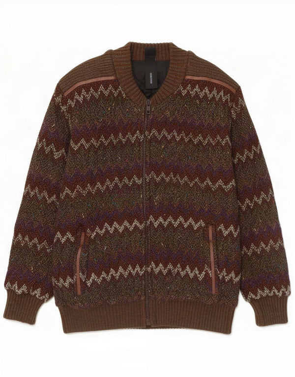 Vintage Mens Knit Bomber Jacket UK 42 XL Brown Chevron