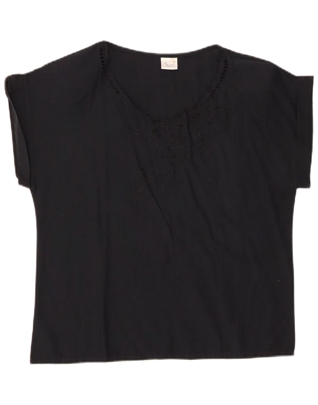 VINTAGE Damebluse Top IT 44 Medium Sort Blomsterbomuld