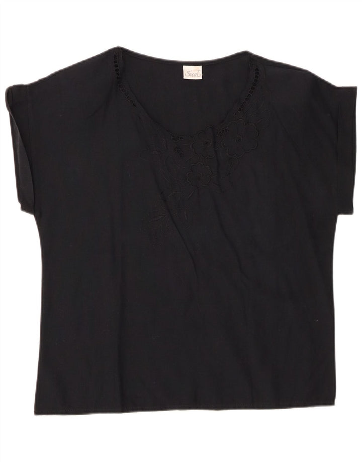 VINTAGE Damebluse Top IT 44 Medium Sort Blomsterbomuld