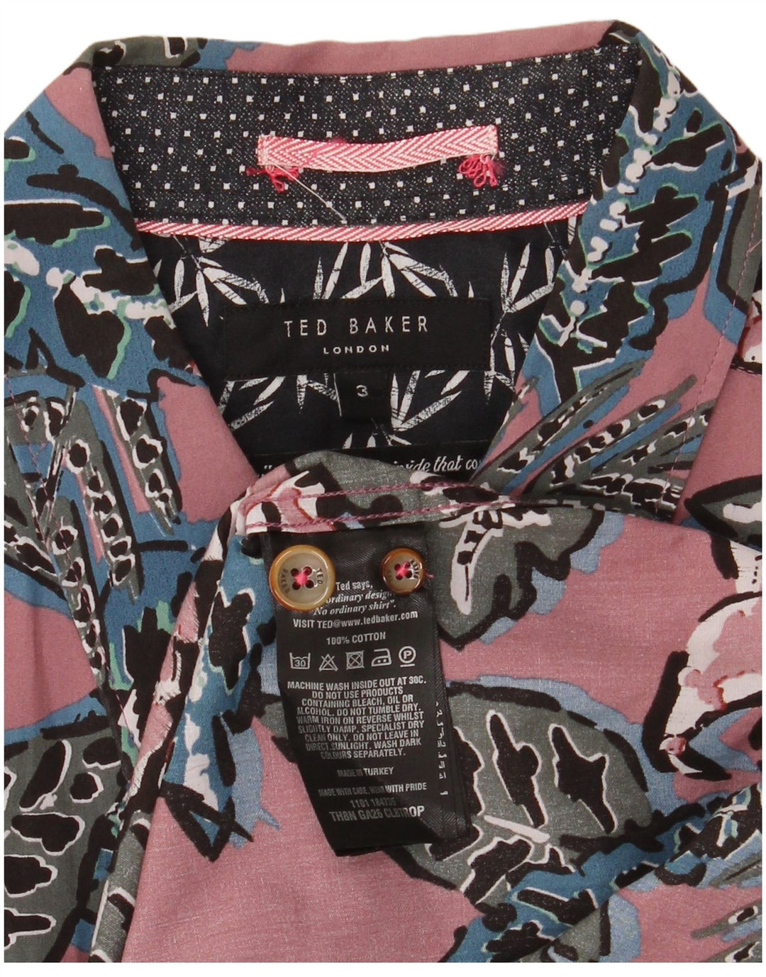 Ted Baker Kortærmet Herreskjorte Størrelse 3 Medium Pink Blomsterbomuld