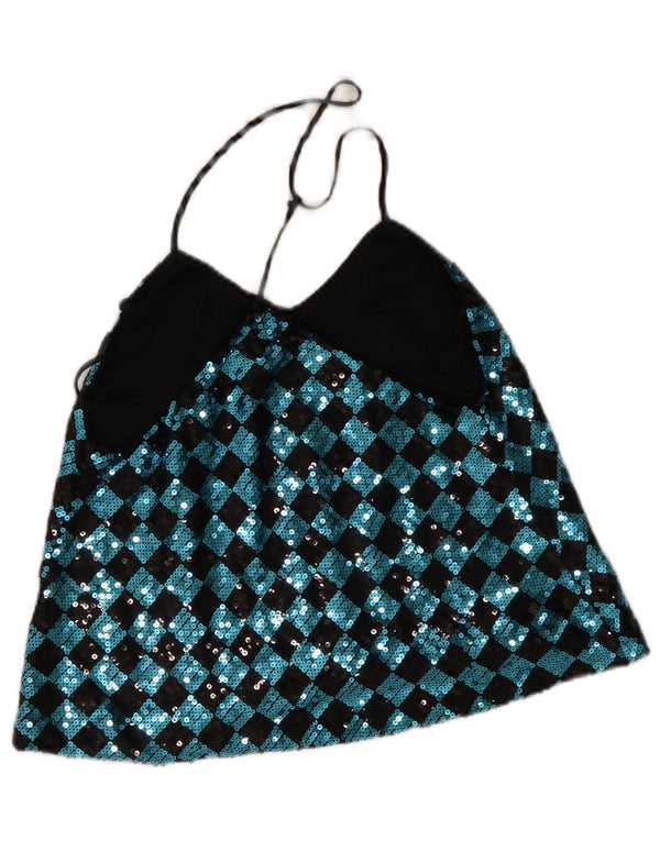 Vintage Kvinders Oversized Paillet Halter Top UK 10 Small Blue Argyle/Diamond