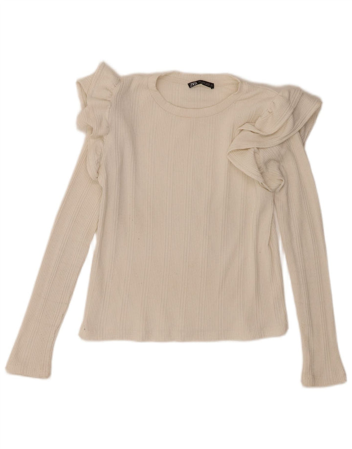 Zara Womens Flæse Front Top Langærmet UK 10 Small Off White