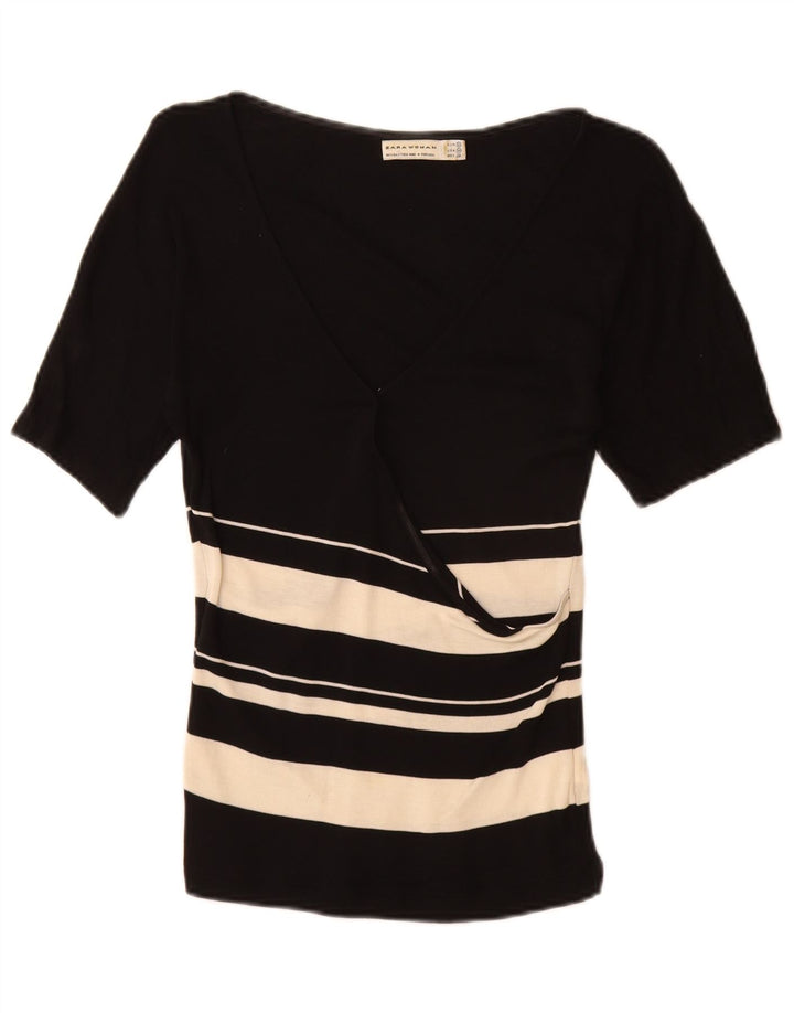 Zara Dame Bluse Top UK 12 Medium Sort Colourblock Lyocell