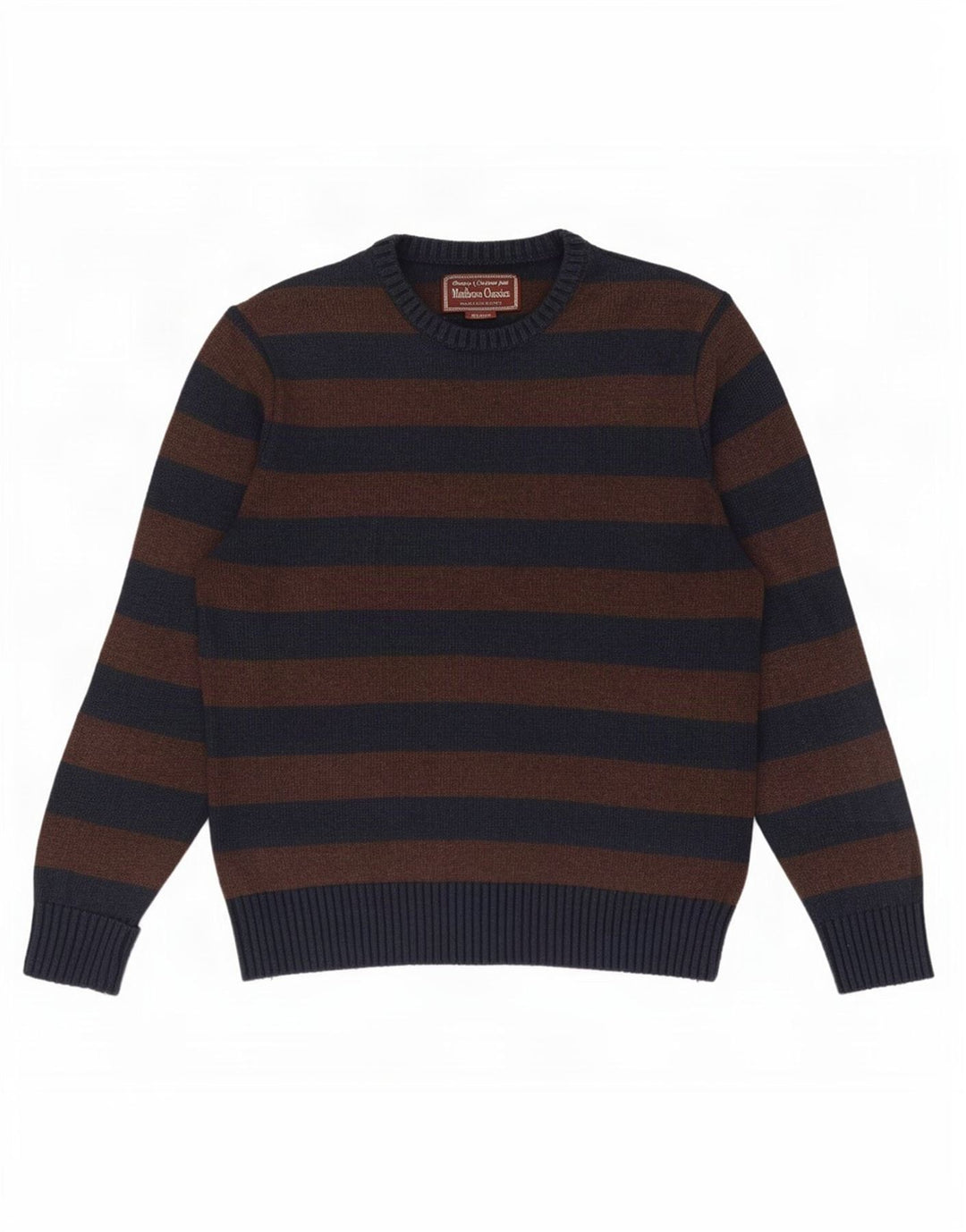 Marlboro Classics Herre Crew Neck Jumper Sweater UK 14 medium brun stribet