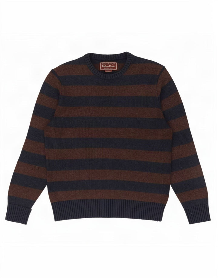 Marlboro Classics Herre Crew Neck Jumper Sweater UK 14 medium brun stribet
