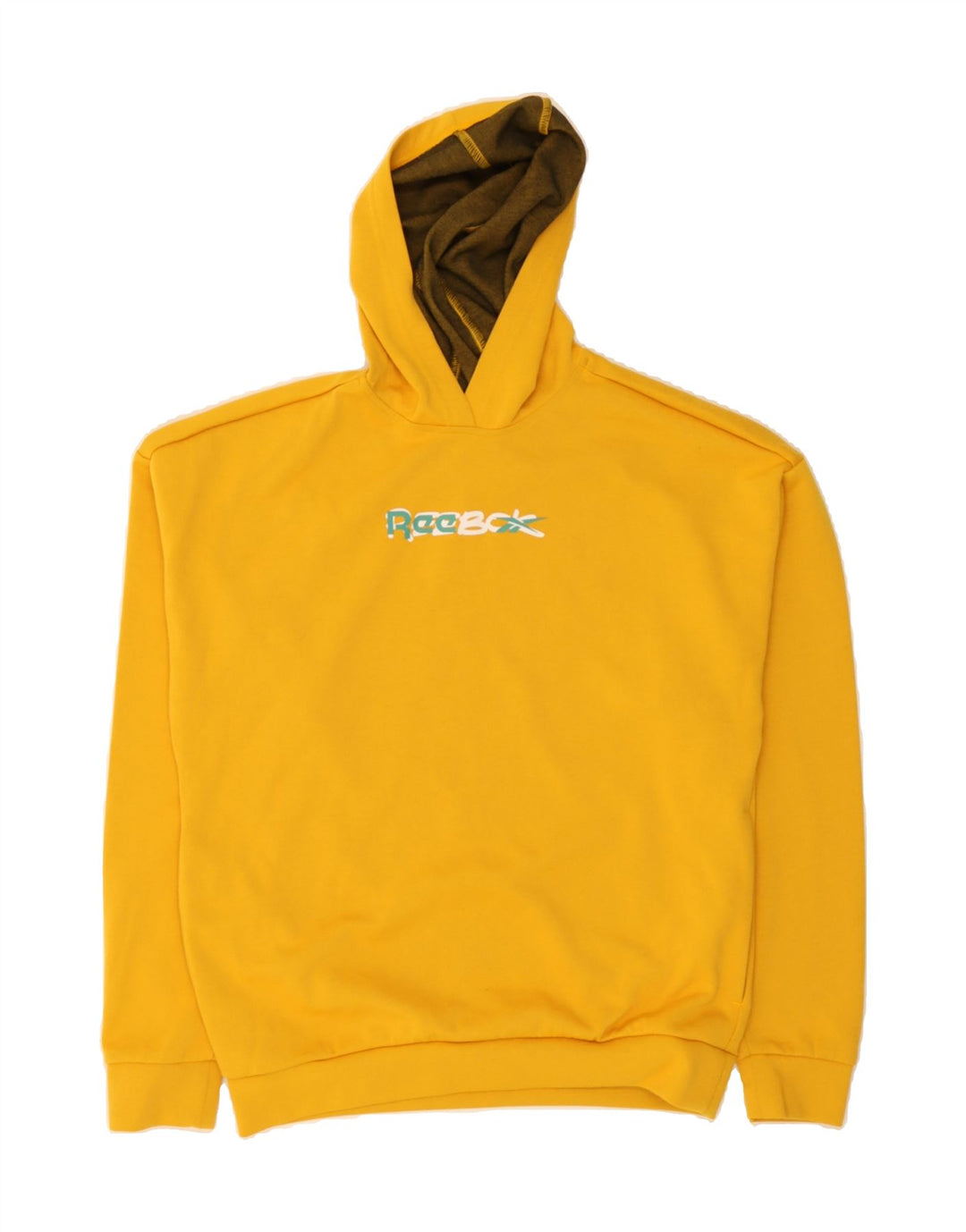 REEBOK Mens Graphic Loose Fit Hoodie Jumper Small Yellow Polyester Vintage Reebok and Second-Hand Reebok from Messina Hembry 
