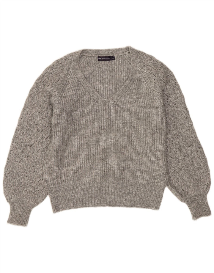 MARKS & SPENCER Dame Crop V-hals sweater UK 8 Small Grey Flecked