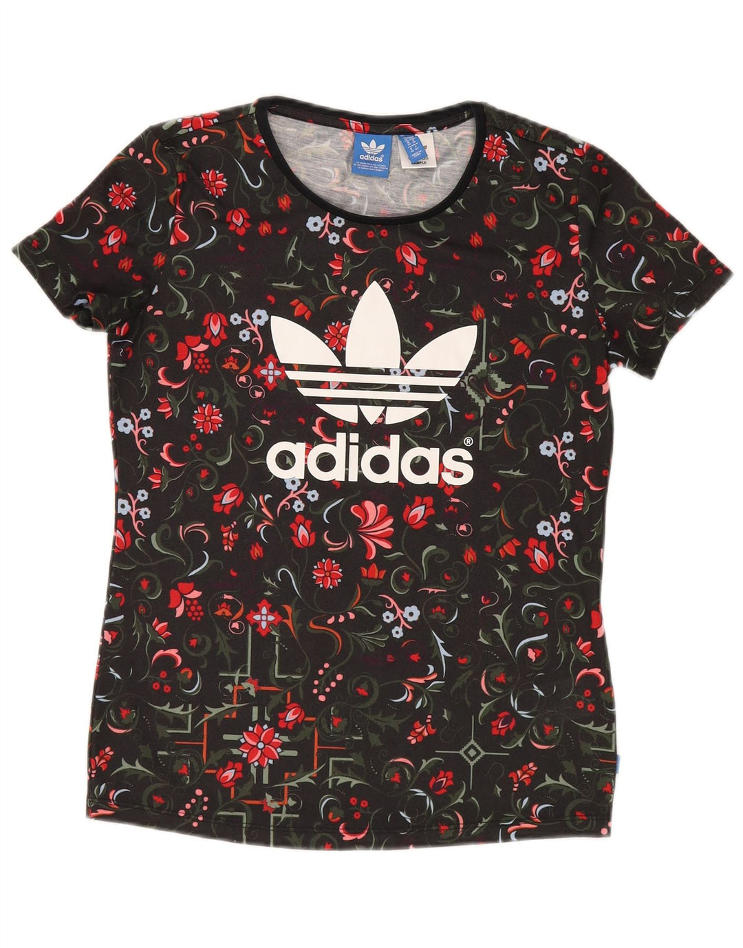 ADIDAS Grafisk T-Shirt Top UK 10 Small Black Floral Polyester