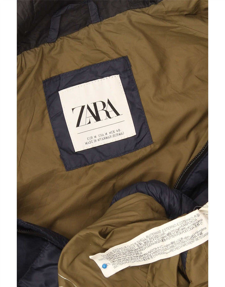 Zara Herre Hooded Polstret Jakke UK 38 Medium Navy Blue Nylon
