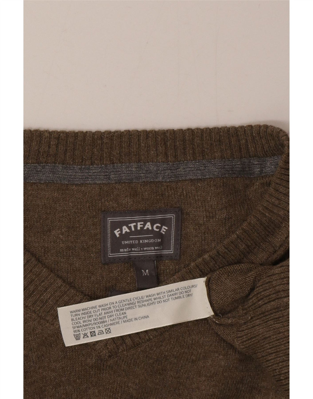 Fat Face Herre V-hals sweater Medium Khaki Bomuld
