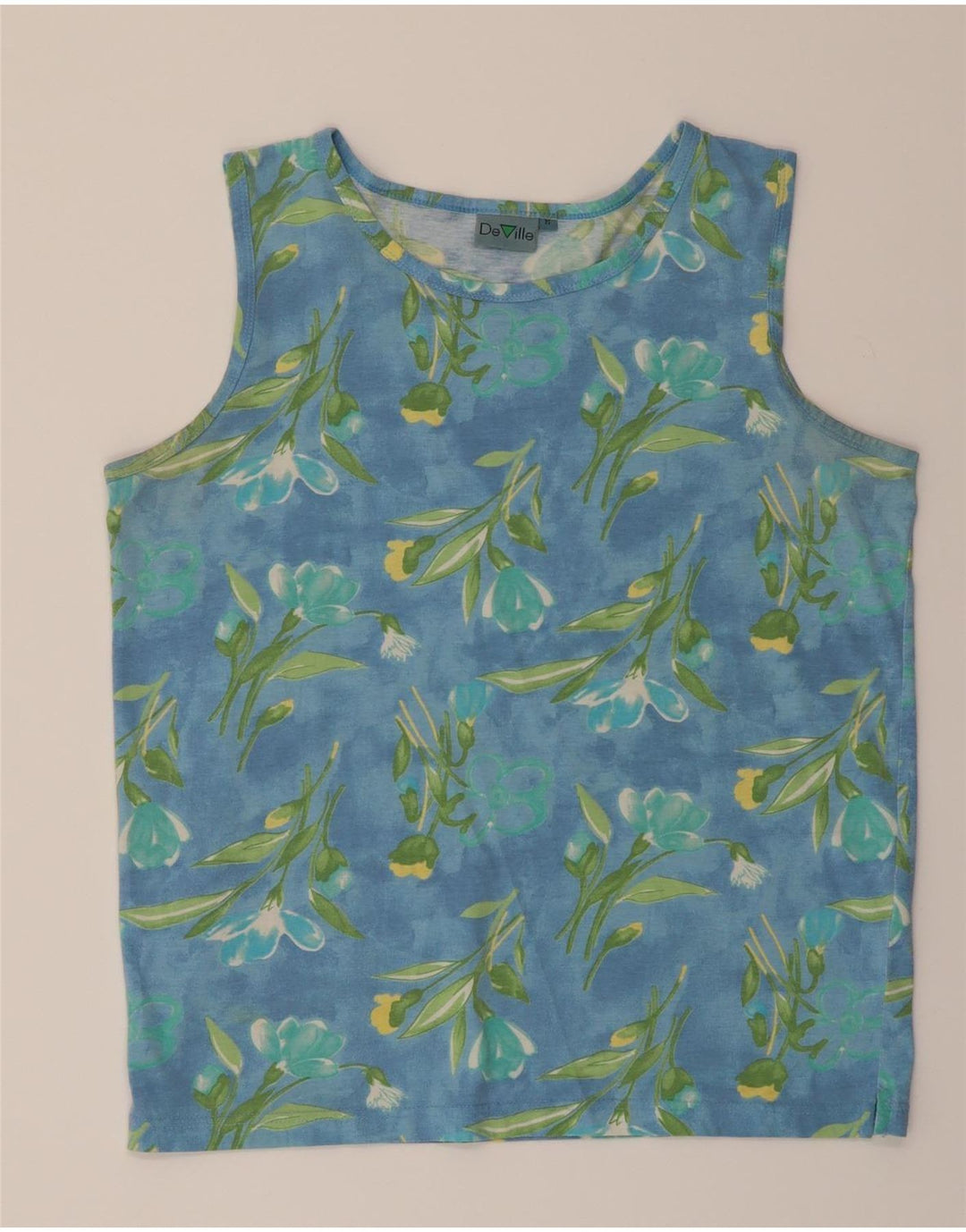 DE VILLE Womens Vest Top UK 14 Medium Blue Floral Cotton Vintage De Ville and Second-Hand De Ville from Messina Hembry 