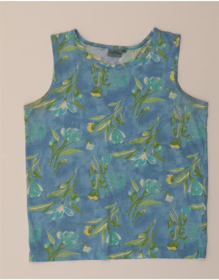 DE VILLE Womens Vest Top UK 14 Medium Blue Floral Cotton Vintage De Ville and Second-Hand De Ville from Messina Hembry 