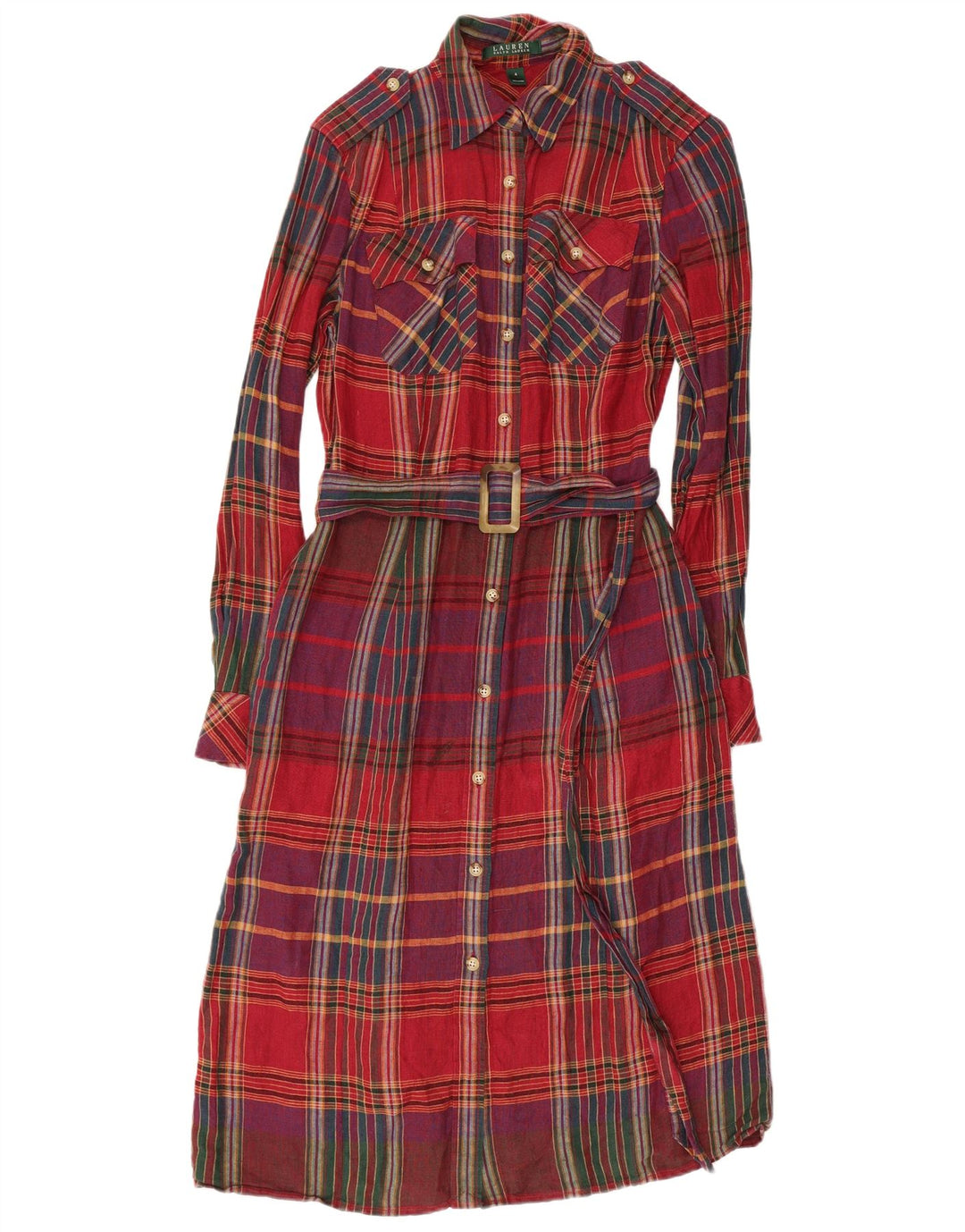 RALPH LAUREN Militærskjortekjole til kvinder US 4 Lille rødt ternet linned