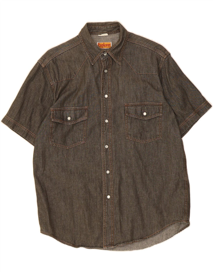 EXPLORER Mens Short Sleeve Denim Shirt Size 14 1/2 Small Grey Cotton Vintage Explorer and Second-Hand Explorer from Messina Hembry 