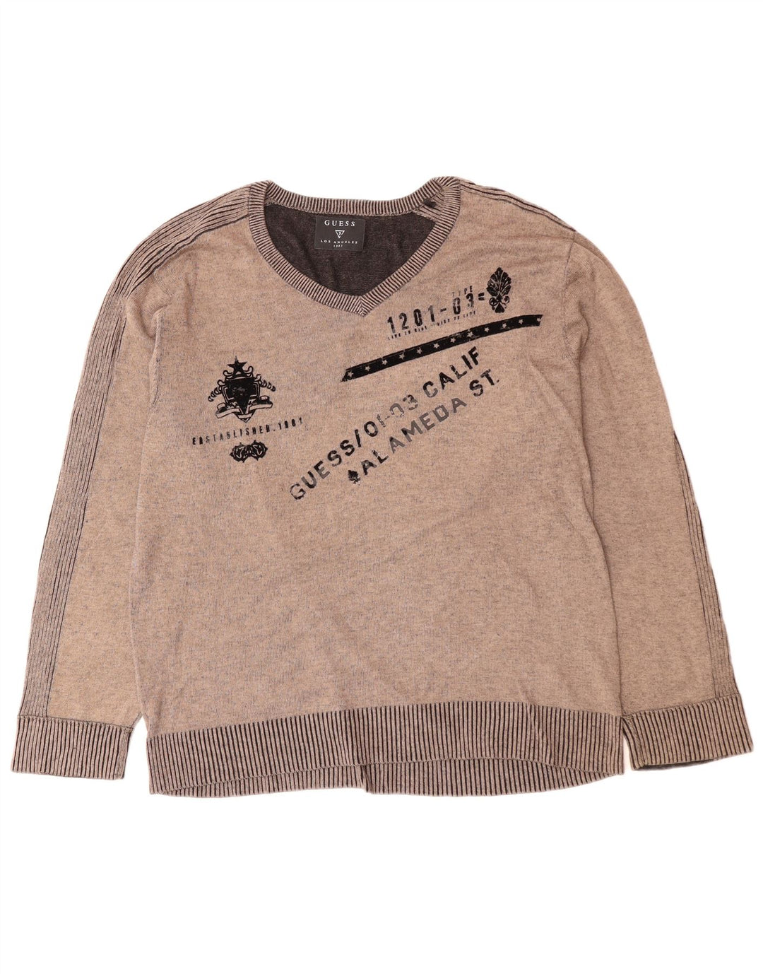 GUESS Herre grafisk V-hals sweater XL Grå