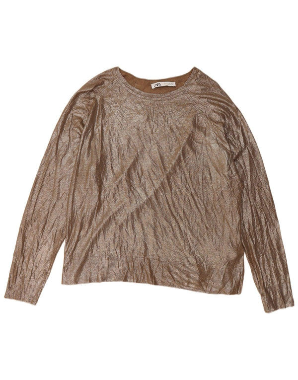 Zara Dame Loose Fit Boat Neck Jumper Sweater UK 14 Medium Gold Viscose