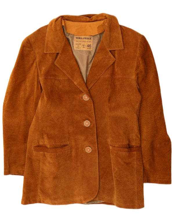 VINTAGE Womens 3 Button Suede Blazer Jacket IT 46 Large Brown Leather