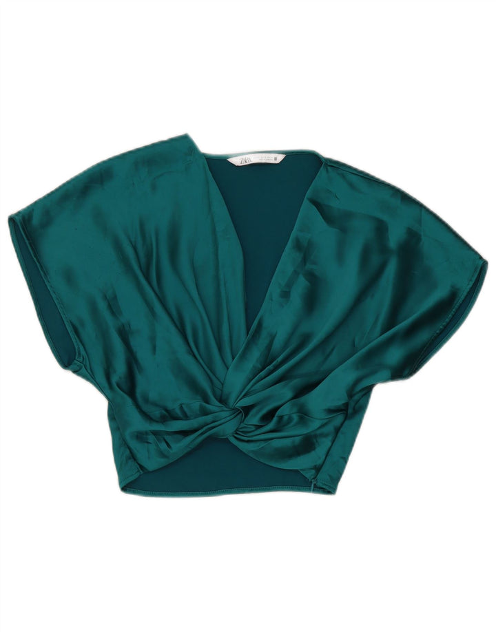 Zara Womens Crop Bluse Top UK 6 XS Grøn Polyester
