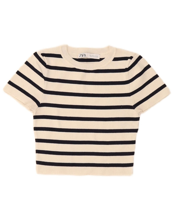 Zara Womens Crop T-Shirt Top UK 8 Small Off White Stribet Viscose