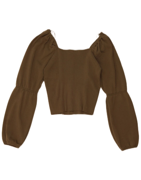 Zara Dame Langærmet Crop Off Shoulder Top UK 12 Medium Khaki Nylon