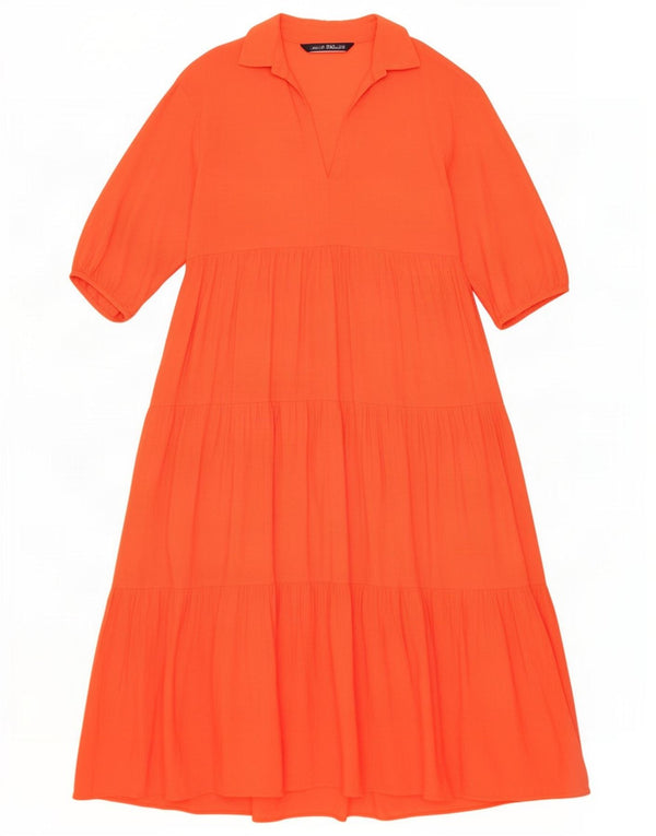 Zara Dame Langærmet Maxi Tiered Kjole UK 6 XS Orange Viscose