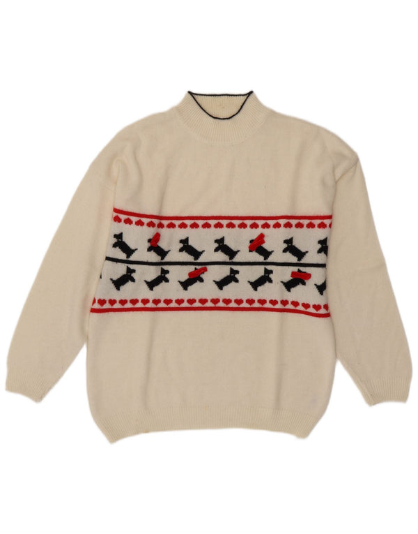 VINTAGE Dame Turtle Neck Sweater UK 16 Large White Fair Isle