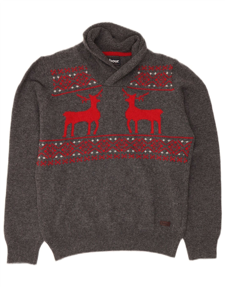 BARBOUR drenge sjalhals sweater 15-16 år 2XL grå Fair Isle uld