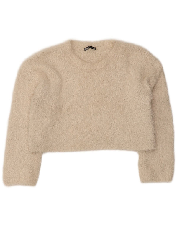 Zara Womens Crop Boat Neck Jumper Sweater UK 14 Medium Beige Polyester