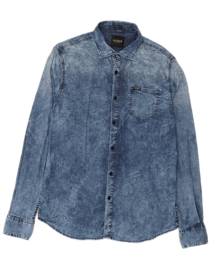 Guess Herre Acid Wash Regular Fit Denim Shirt Medium Blue Cotton