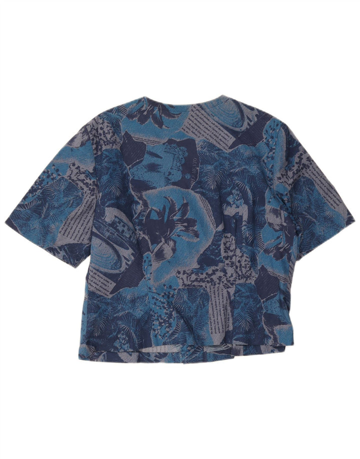 Vintage kvinders grafisk kortærmet skjortebluse UK 14 Medium Blue