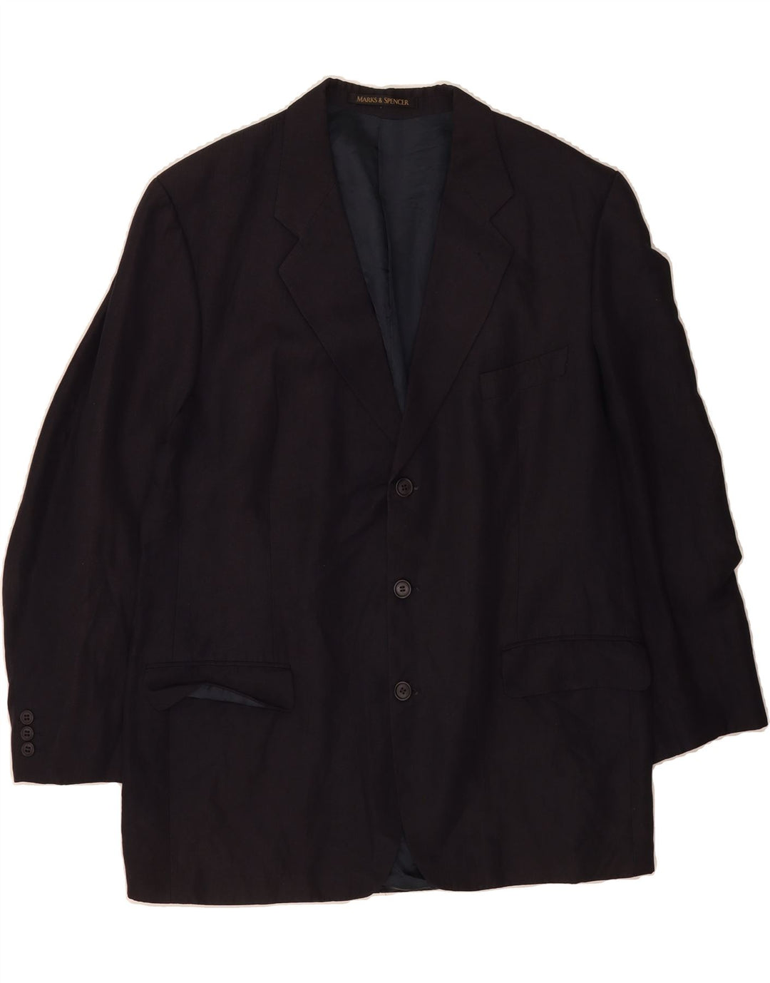 MARKS & SPENCER Mens 3 Button Blazer Jacket UK 44 2XL Navy Blue Linen Vintage Marks & Spencer and Second-Hand Marks & Spencer from Messina Hembry 